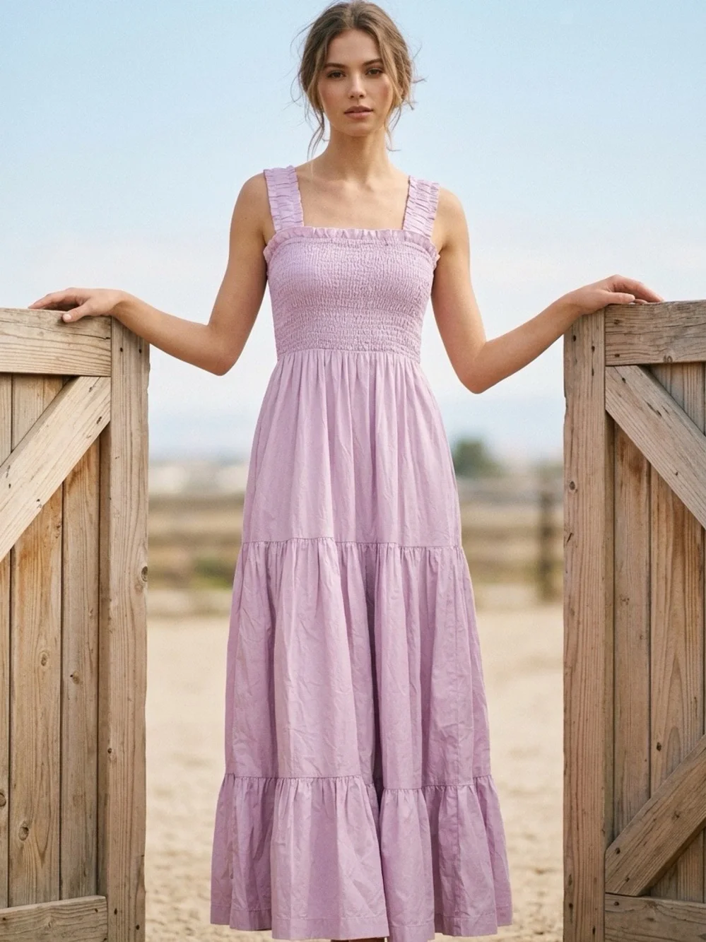 Abercrombie & Fitch Smocked Bodice Easy Tiered Poplin Maxi Dress Medium